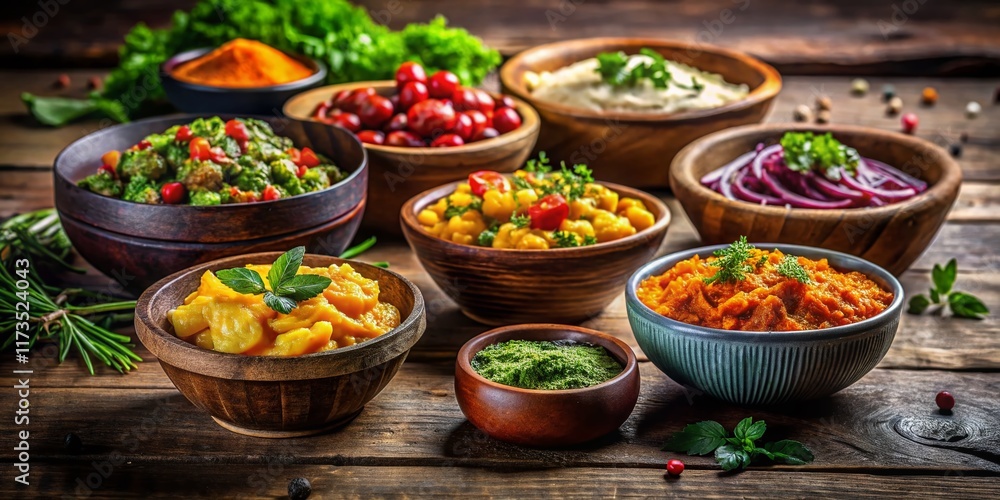 Rustic Dark Tabletop: Delicious Homemade Side Dishes in Bowls - Stock Photo Rustic Dark Tabletop: Delicious Homemade Side Dishes in Bowls - Stock Photo