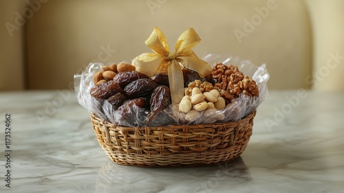 Gift basket with dates, almonds, and walnuts on a marble table