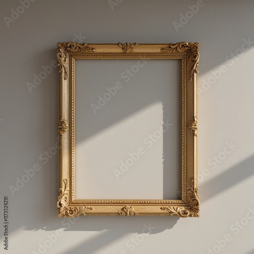An ornate gold frame on a light wall. The light falls, creating a subtle play of shadows. Ideal for displaying artwork