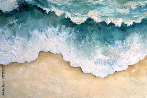 Textured abstract painting of ocean waves meeting the sandy shore, showcasing vibrant blues and whites.