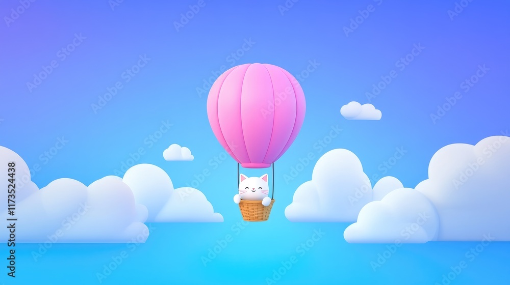 Obraz premium Cute cartoon cat in pink hot air balloon floats above fluffy clouds.