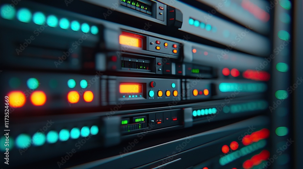A close-up view of server racks featuring illuminated buttons and indicators, showcasing a high-tech data storage environment. A close-up view of server racks featuring illuminated buttons and indicators, showcasing a high-tech data storage environment.