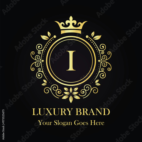 Opulent Luxury I Logo with Gold Monogram Crown and Symmetrical Floral Pattern on Black Background  
