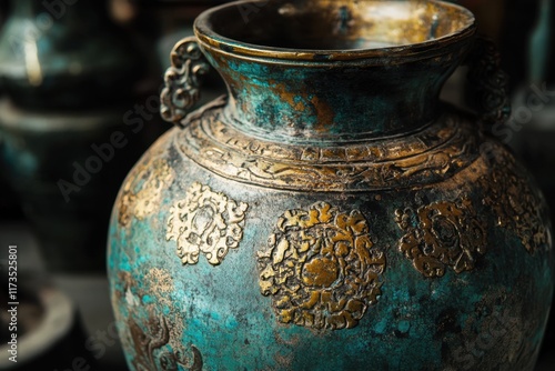 Ornate Antique Bronze Vessel With Intricate Gold Detailing photo