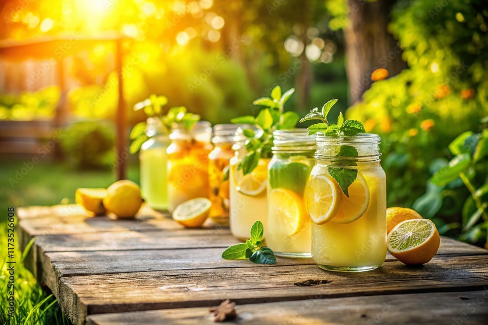 Fototapeta premium Rustic Summer Lemonade: Jars on White Wooden Table - Stock Photo