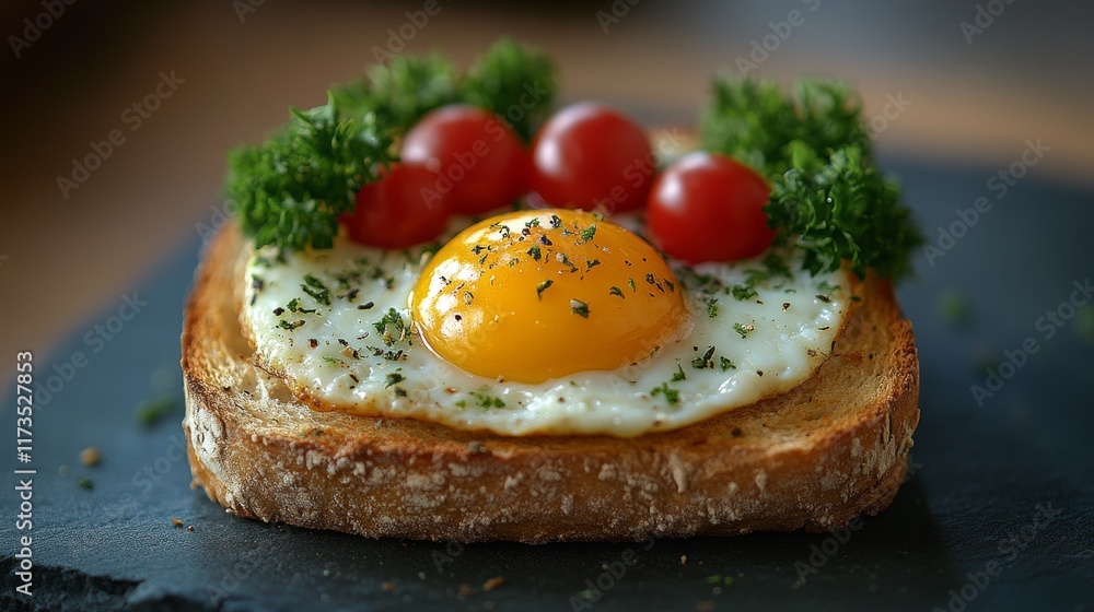 Sunny-side up egg on toast with cherry tomatoes and parsley. Sunny-side up egg on toast with cherry tomatoes and parsley.