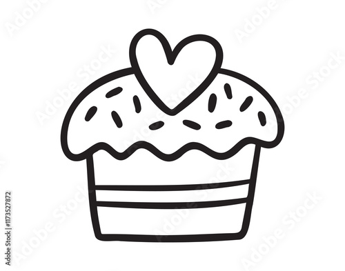 cute muffin with heart for Valentines Day doodle hand drawn icon. Outline drawing cute muffin with heart for Valentines Day line clipart symbol