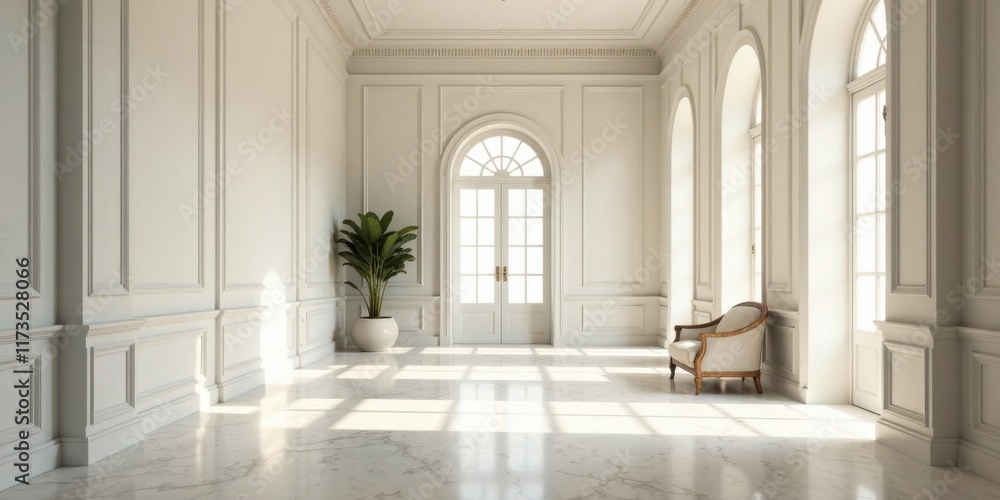 Sunlit Elegant Room with Classic Architectural Details and Upholstered Chair Sunlit Elegant Room with Classic Architectural Details and Upholstered Chair