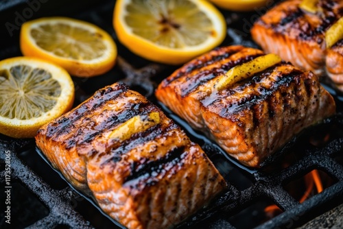 Grilled Salmon Fillets with Lemon Slices on a Grill photo