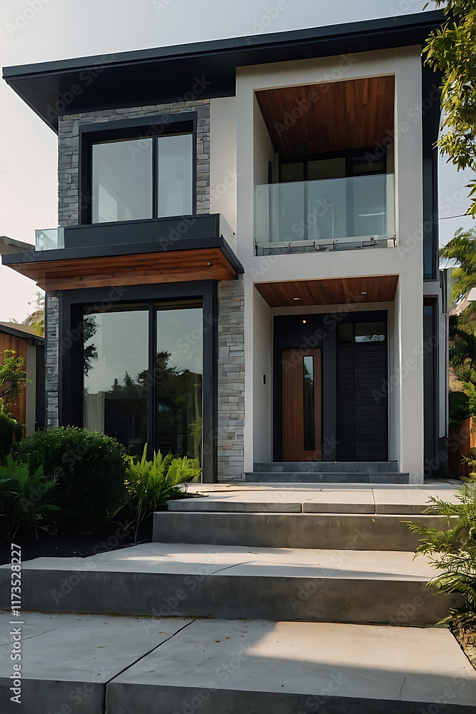 Fototapeta premium Two-story modern home with gray stone facade, black window frames, wood accents, glass balcony, and concrete steps. The front door is a light brown wood.
