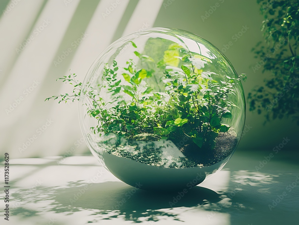 Crystal-Clear Glass Globe with a Miniature Forest Ecosystem, Featuring Lush Greenery, Ferns, and Sunlit Trees for Nature-Inspired Designs Crystal-Clear Glass Globe with a Miniature Forest Ecosystem, Featuring Lush Greenery, Ferns, and Sunlit Trees for Nature-Inspired Designs