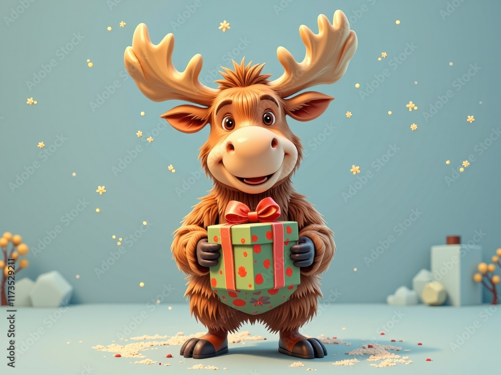 Fototapeta premium Adorable 3D Render of a Moose Holding a Gift Winter Holiday Scene