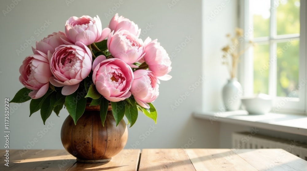 A bouquet of delicate pink peonies sits in a rustic wooden vase on a sunlit table A bouquet of delicate pink peonies sits in a rustic wooden vase on a sunlit table