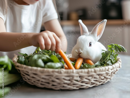 A child interacts with a white rabbit in a cozy kitchen setting, feeding it fresh vegetables like carrots and greens. The warm sunlight illuminates the scene, emphasizing a natural and caring atmosphe photo