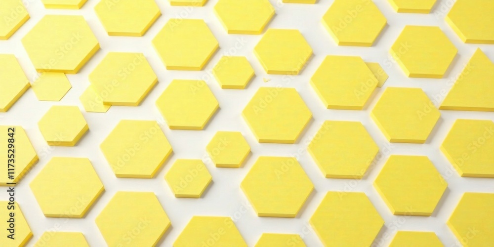 Hexagonal Yellow Sticky Notes Arranged in a Honeycomb Pattern on White Background Hexagonal Yellow Sticky Notes Arranged in a Honeycomb Pattern on White Background
