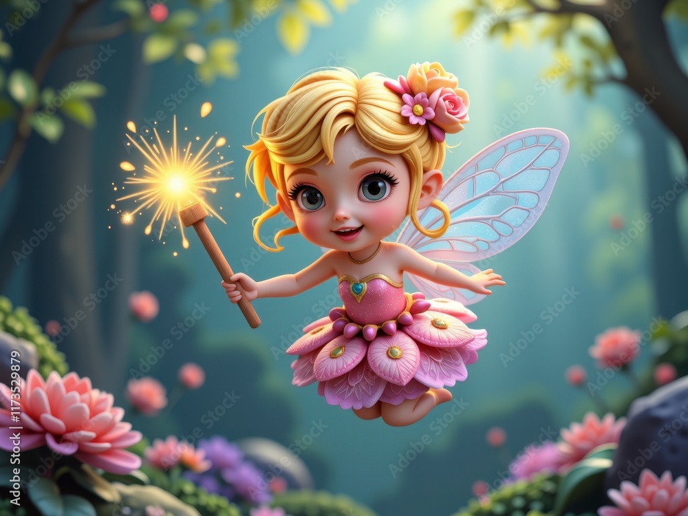 Adorable Fairy Girl with Sparkler in Enchanting Floral Forest Adorable Fairy Girl with Sparkler in Enchanting Floral Forest