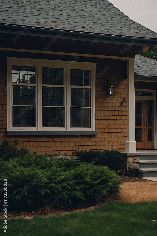 A brown-shingled house with a gray roof, featuring a large multi-paned window and a wooden front door. Landscaping includes dark green shrubs in front. Steps lead up to the porch. A brown-shingled house with a gray roof, featuring a large multi-paned window and a wooden front door. Landscaping includes dark green shrubs in front. Steps lead up to the porch.