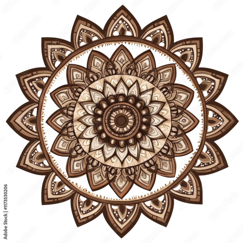 Naklejka premium Earthy toned mandala featuring intricate tribal inspired patterns, showcasing harmonious blend of browns and creams. This design evokes sense of calm and balance