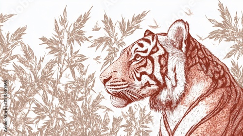 Majestic Tiger Profile in Red Ink Botanical Design photo