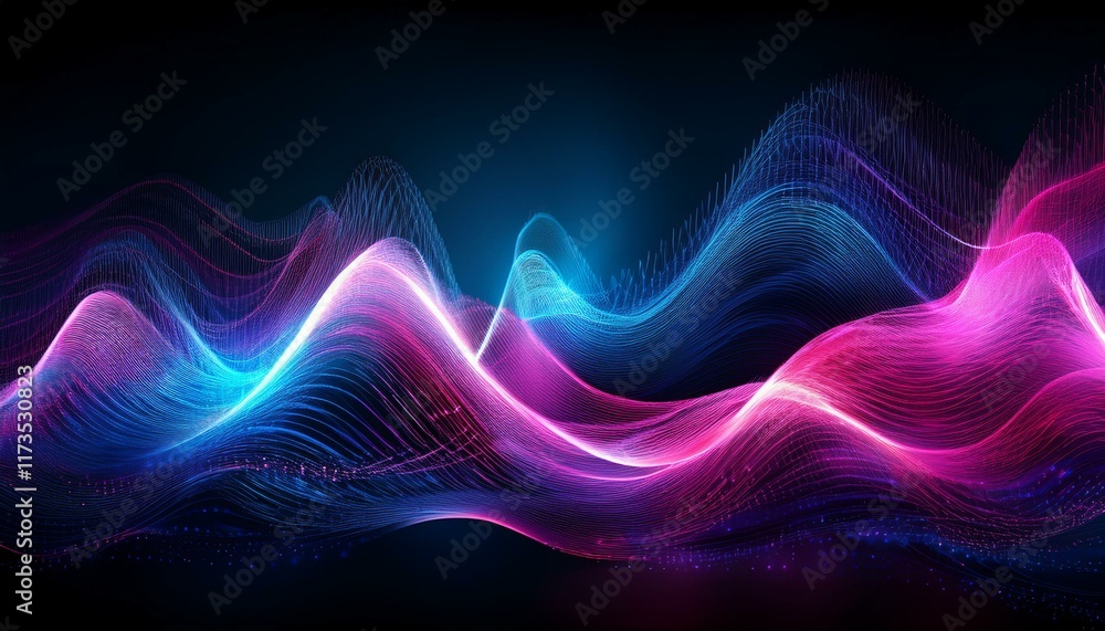abstract illustration shows dynamic pink blue frequency waves particles move in medium dark background enhances vibrant colors waves blend creating futuristic tech design could used for tech abstract illustration shows dynamic pink blue frequency waves particles move in medium dark background enhances vibrant colors waves blend creating futuristic tech design could used for tech