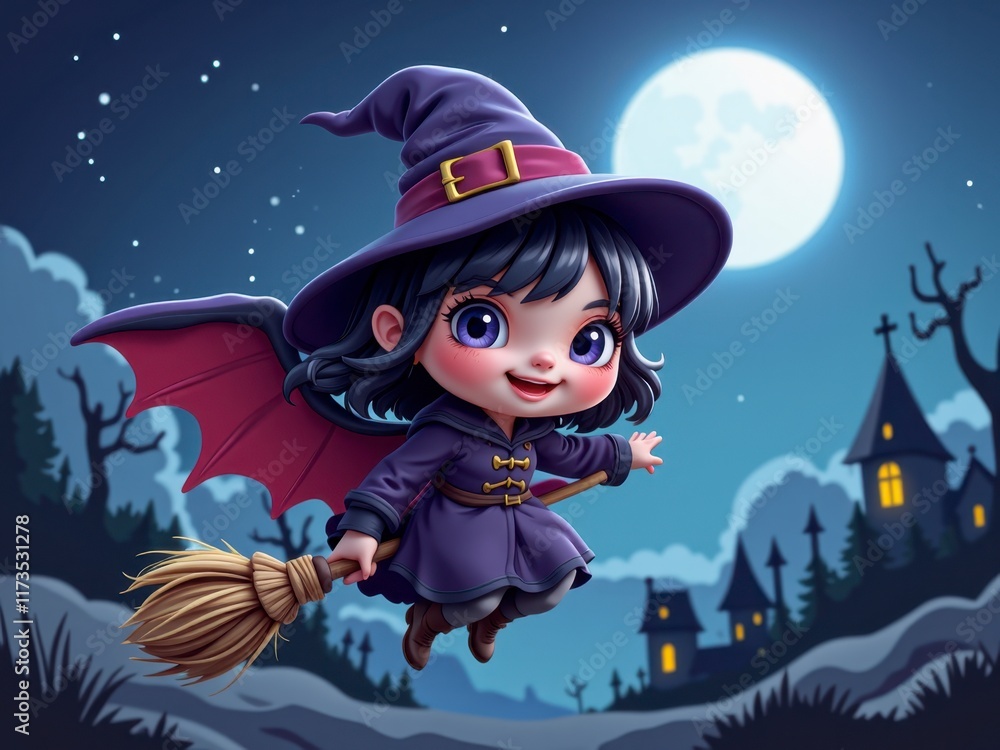 Fototapeta premium Adorable Little Witch Flying on a Broom at Night Halloween Scene Illustration