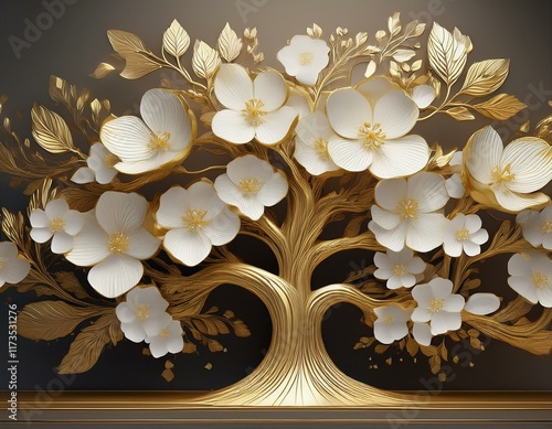 golden tree with white flowers luxury 3d floral design elegant wallpaper design decorative tree with rich gold color white petals flowers spread around luxury home decor art deco style modern