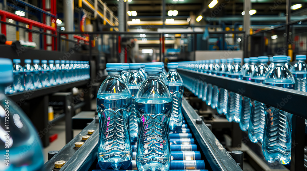 Automated production line for water bottles, showcasing industrial precision and modern manufacturing technology. Automated production line for water bottles, showcasing industrial precision and modern manufacturing technology.