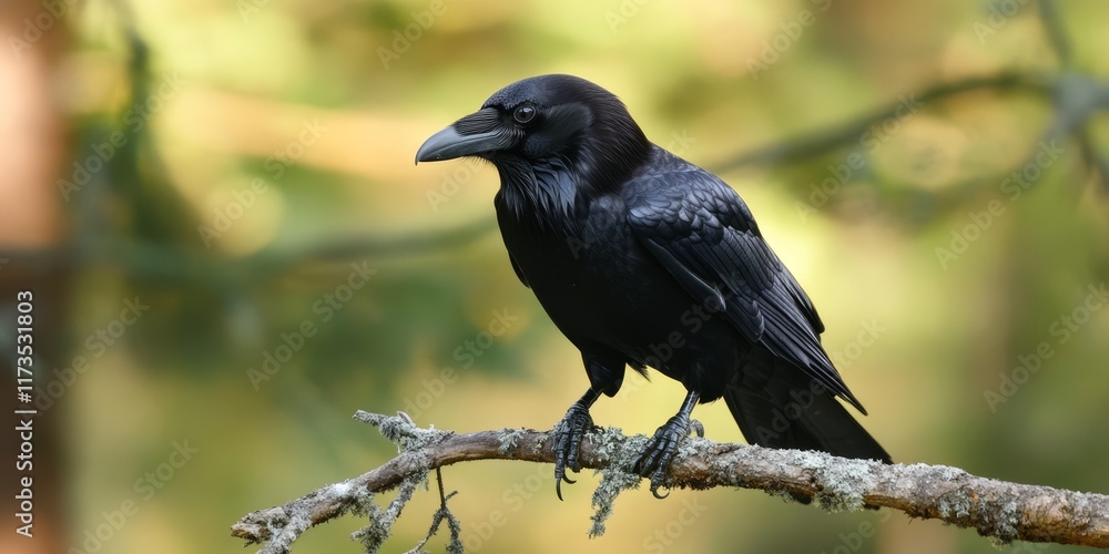 Fototapeta premium A beautiful raven perched gracefully on a branch in a serene forest. The striking black feathers shine against a blurred natural background, showcasing the elegance of wildlife.