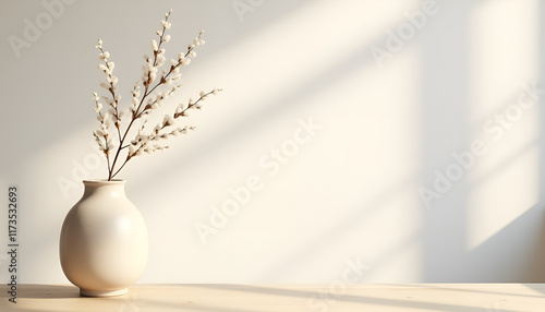 Minimalist vase with white flowers in serene interior setting and soft light
