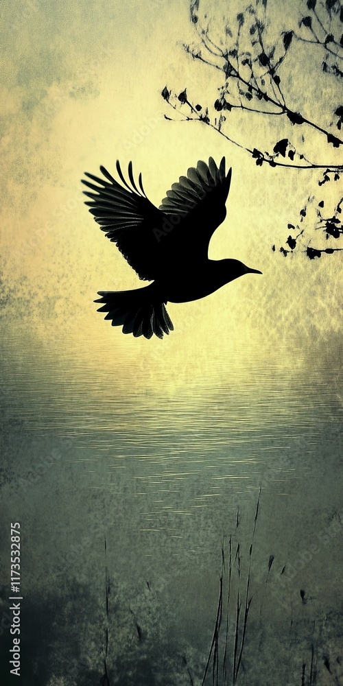 Fototapeta premium A serene silhouette of a bird in flight captures the beauty of nature at dusk, reflecting on still waters, highlighting tranquility and freedom in the scene.