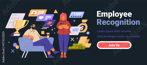 Employee recognition concept with two characters trophy money and icons on dark background website or mobile application screen
