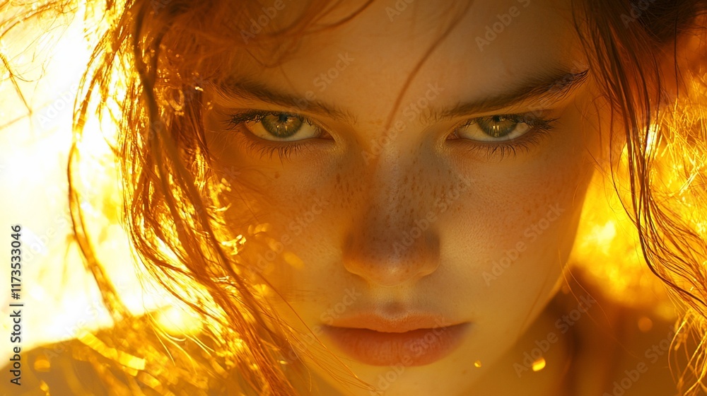 Close-up portrait of a young woman with freckles and fiery red hair, intense gaze. Close-up portrait of a young woman with freckles and fiery red hair, intense gaze.