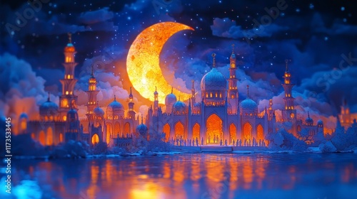 Night cityscape with crescent moon, illuminated mosques, and calm water reflection.