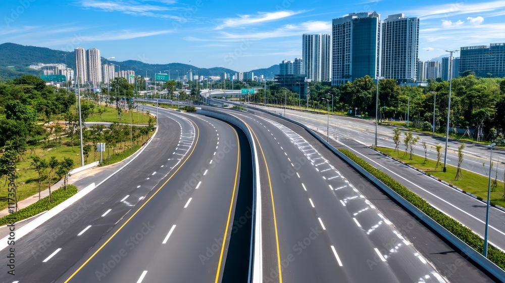 An empty highway running through the heart of a modern city An empty highway running through the heart of a modern city