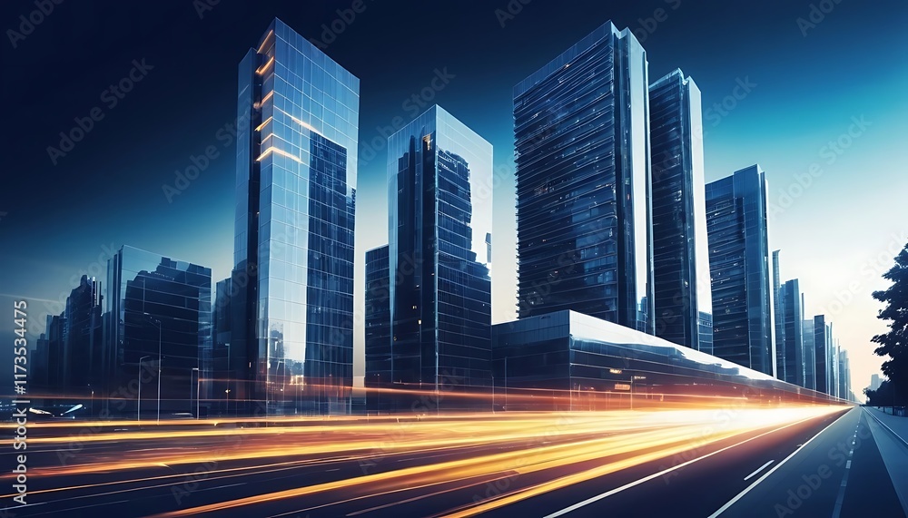 Fototapeta premium Modern Cityscape Featuring Sleek Glass Skyscrapers and Fast Moving Traffic