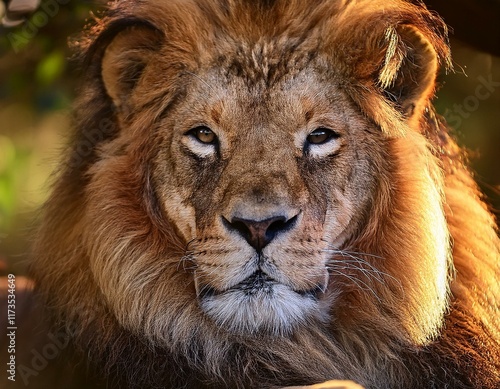 majestic lion resting with calm expression detailed fur texture illuminated by soft light bold and serene focus natural and majestic composition photo