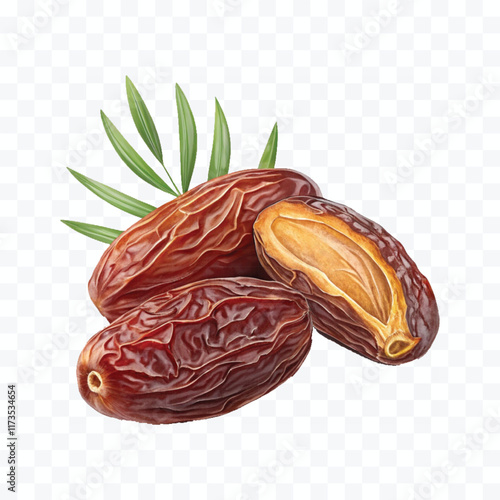 abstract 3d semi-dried dates or date palm fruits lie on palm leaves isolated on white background

