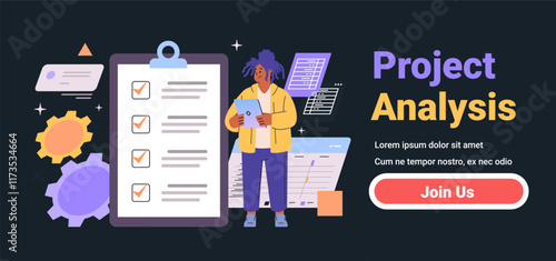 Project analysis concept with a person holding a tablet surrounded by checklist clipboard gears and documents on a dark background suitable for web or app design