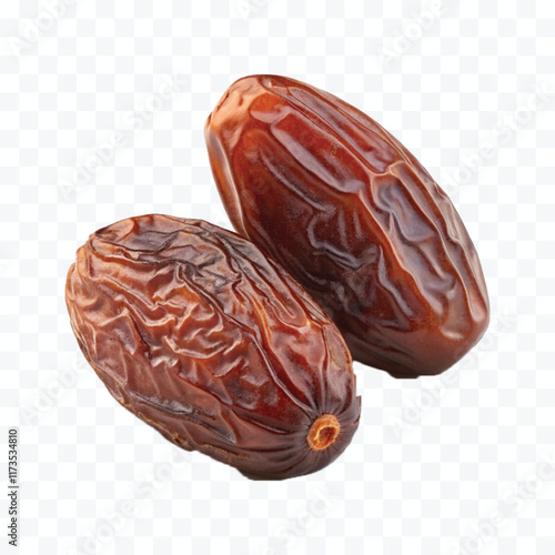 abstract 3d semi-dried dates or date palm fruits lie on palm leaves isolated on white background


