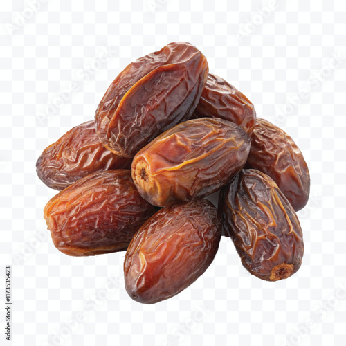 abstract 3d semi-dried dates or date palm fruits lie on palm leaves isolated on white background


