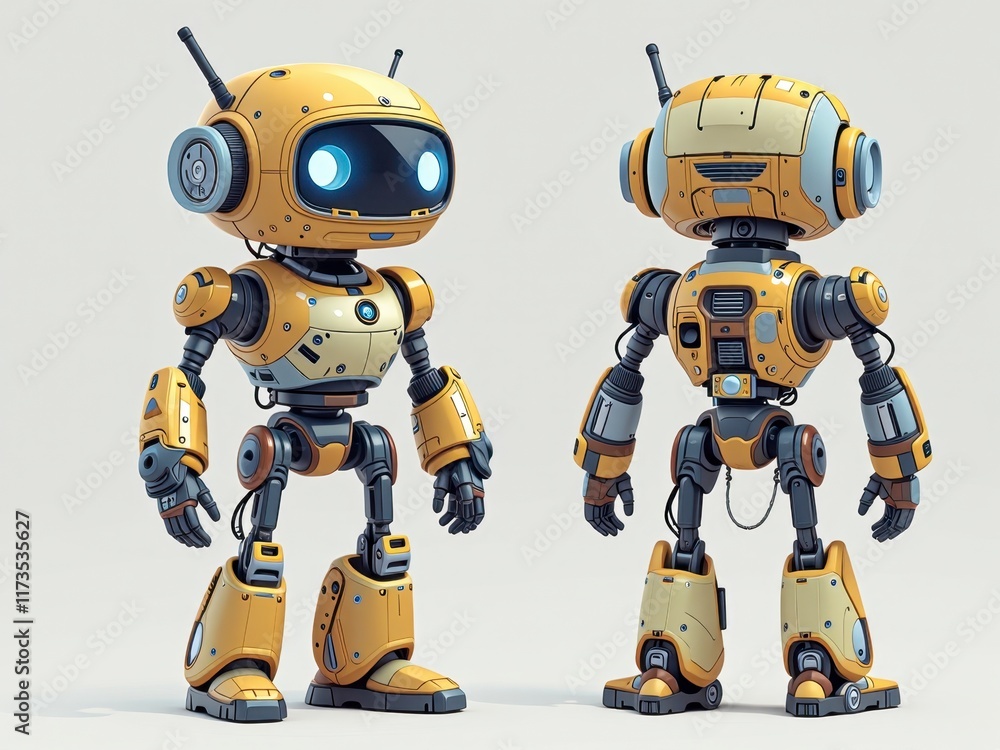 Cute Yellow Robot Character Design 3D Render Front and Back Views Futuristic Toy Cute Yellow Robot Character Design 3D Render Front and Back Views Futuristic Toy
