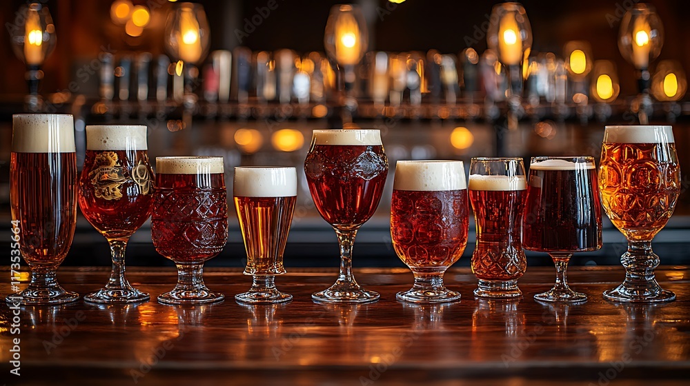 Craft Beer Tasting Diverse Glassware, Bar Setting. Craft Beer Tasting Diverse Glassware, Bar Setting.