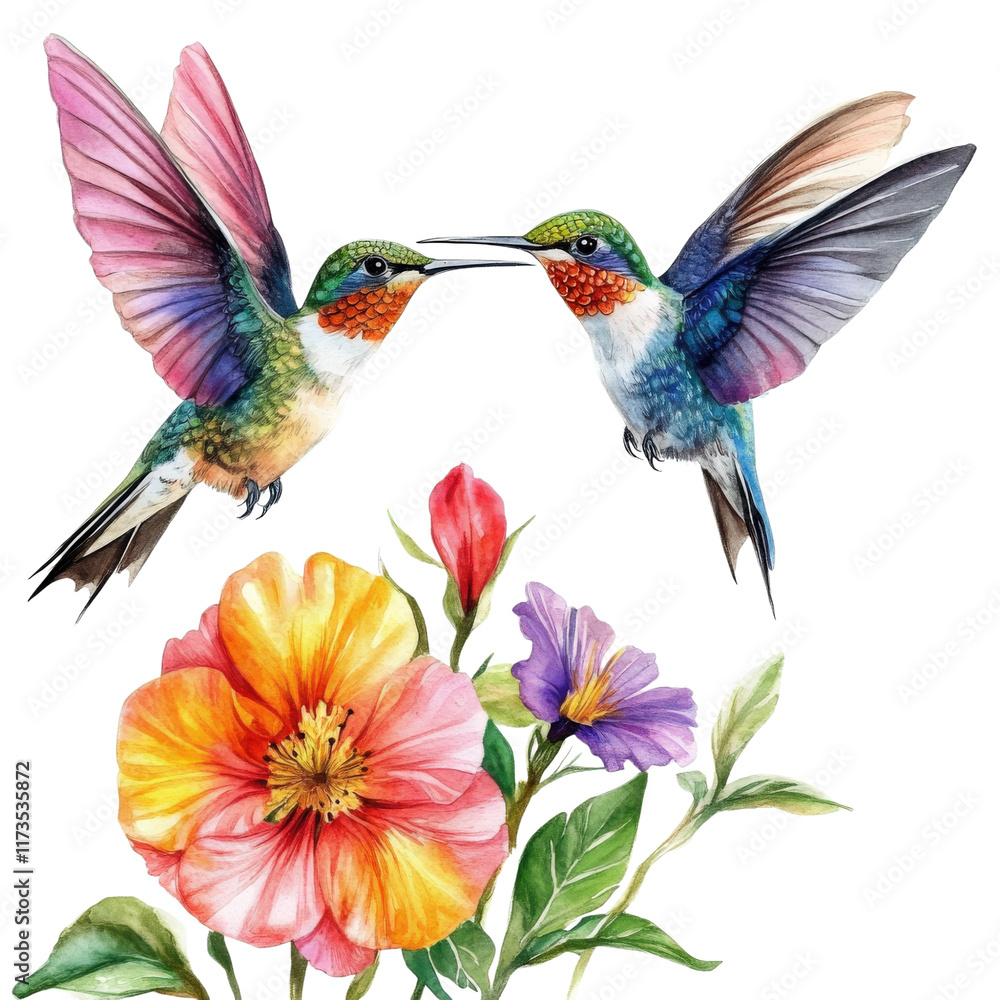 Fototapeta premium Two watercolor hummingbirds hovering near vibrant flowers, showcasing their colorful feathers and delicate beauty. serene and lively scene that captures essence of nature