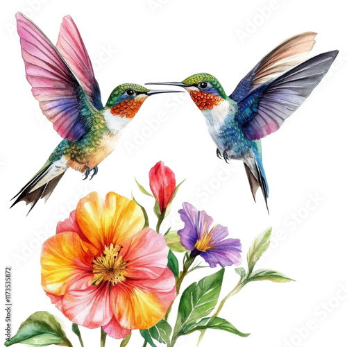 Two watercolor hummingbirds hovering near vibrant flowers, showcasing their colorful feathers and delicate beauty. serene and lively scene that captures essence of nature