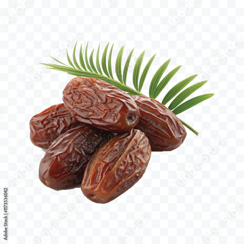 abstract 3d semi-dried dates or date palm fruits lie on palm leaves isolated on white background

