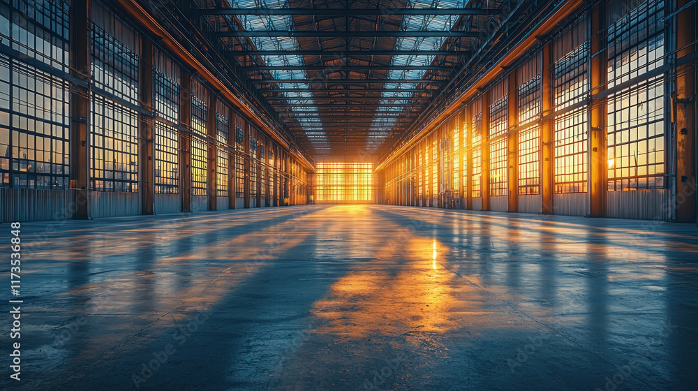 Empty warehouse interior at sunset with glowing light Empty warehouse interior at sunset with glowing light