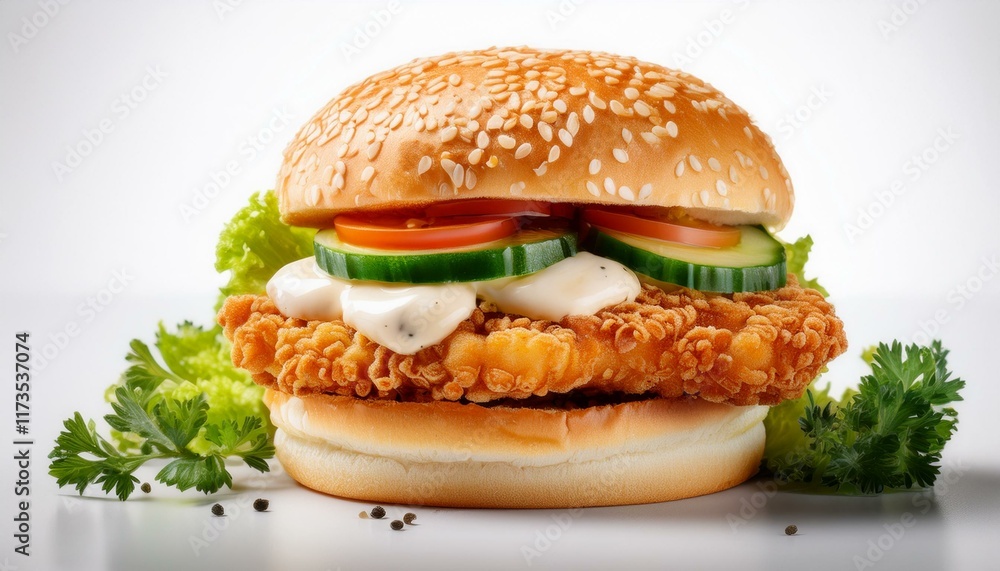 crispy chicken burger with fresh vegetables and sauce on a sesame seed bun against a clean white background crispy chicken burger with fresh vegetables and sauce on a sesame seed bun against a clean white background