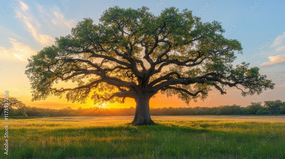 Majestic oak tree silhouetted against a vibrant sunset over a grassy field. Majestic oak tree silhouetted against a vibrant sunset over a grassy field.