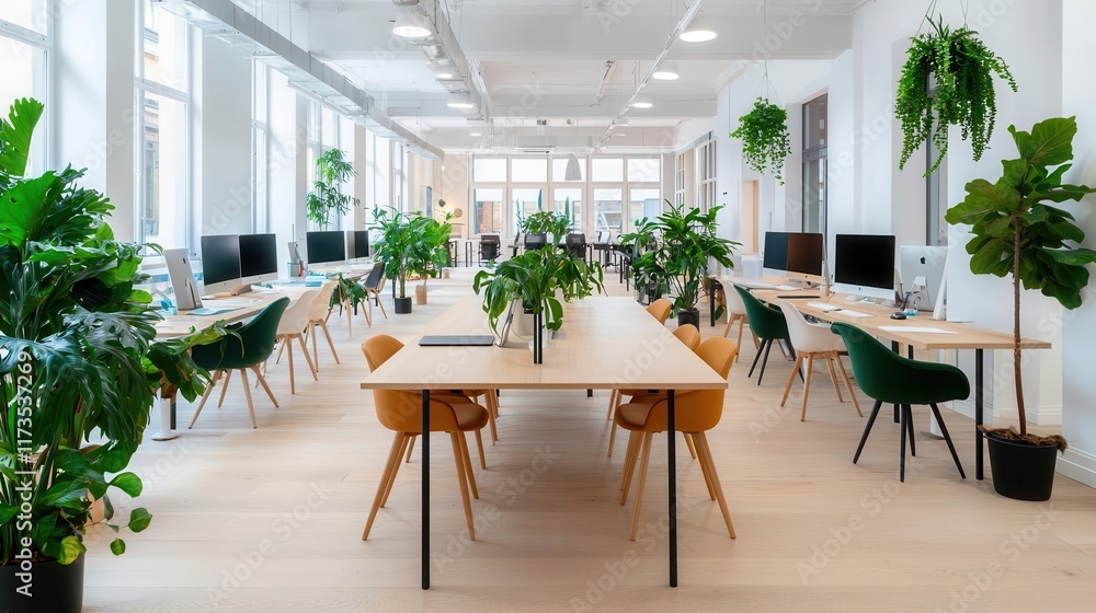 Fototapeta premium Shared workspace with minimalist wooden desks, clean decor, and cuttingedge smart collaboration tools, smart and charming concept