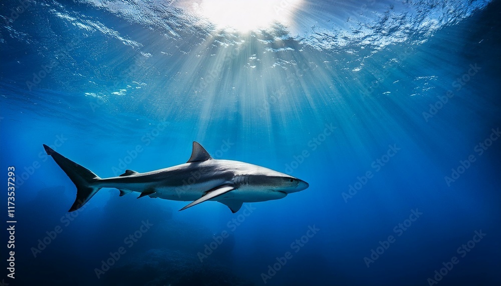 Fototapeta premium a serene underwater scene features a solitary shark gliding through deep blue waters illuminated by soft rays of light from above ideal for marine life articles conservation campaigns